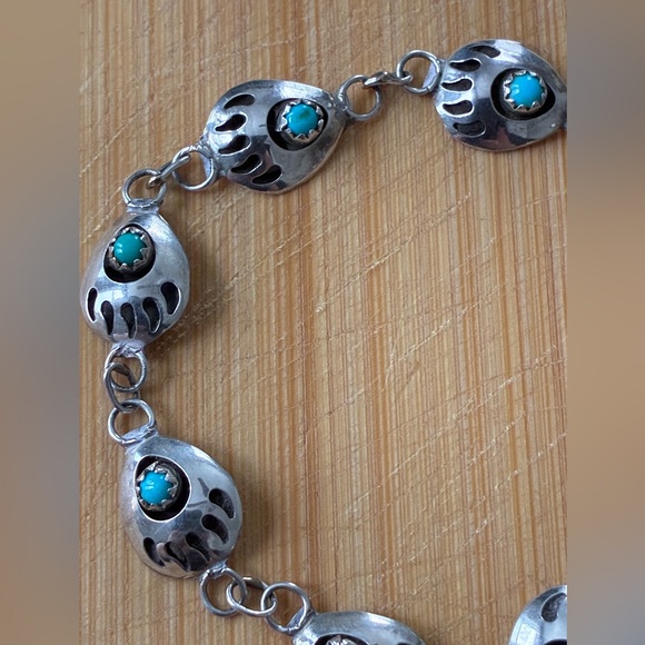 Vintage Sterling Silver and Turquoise Navajo Paw Bracelet - Picture 2 of 16